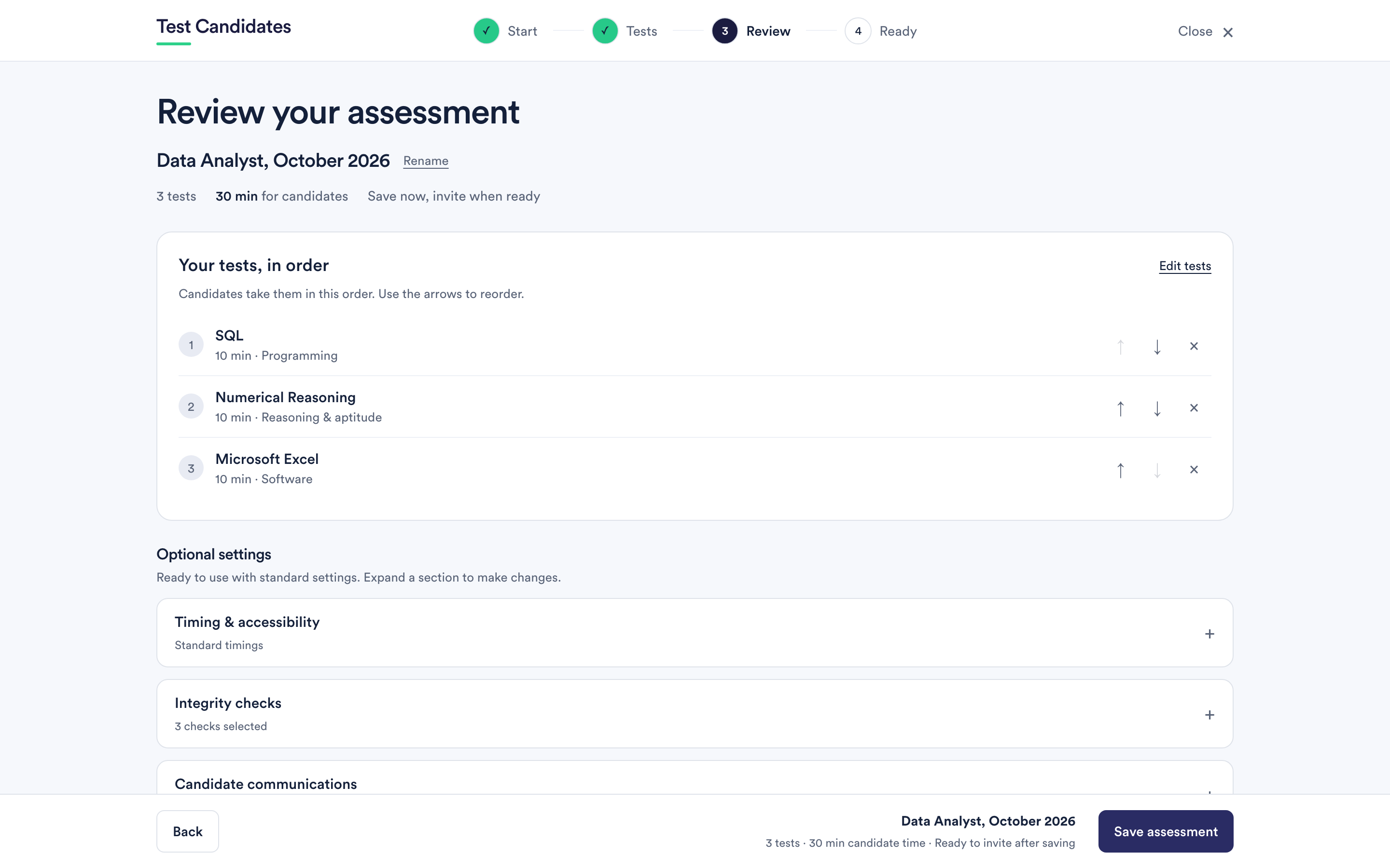 The review step, showing the assessment name, its tests in order, and the collapsed optional settings.