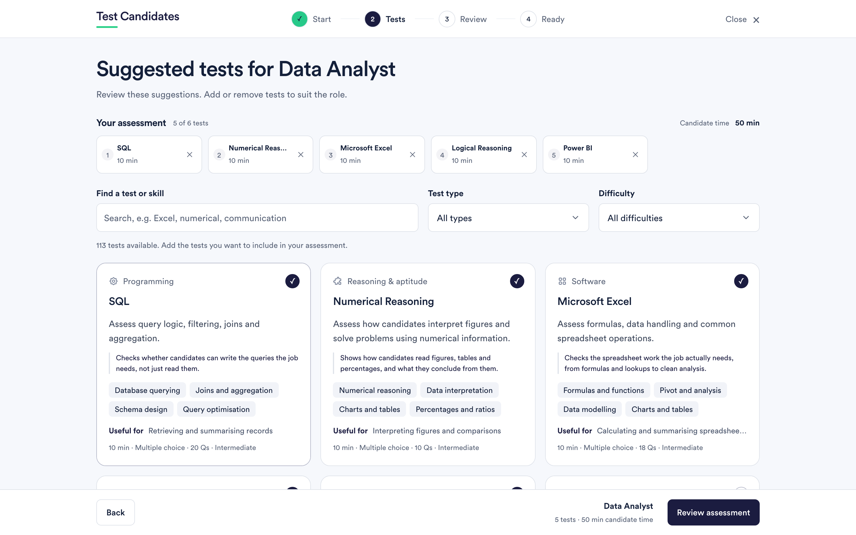 A selected role template showing its suggested tests, each with a short reason for the suggestion.