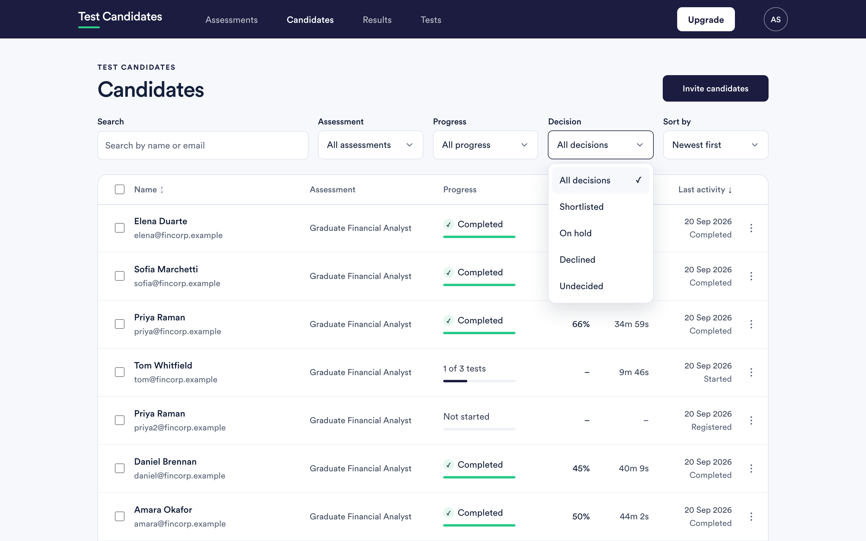 The candidates list with the decision filter open, offering shortlisted, on hold, declined and undecided.