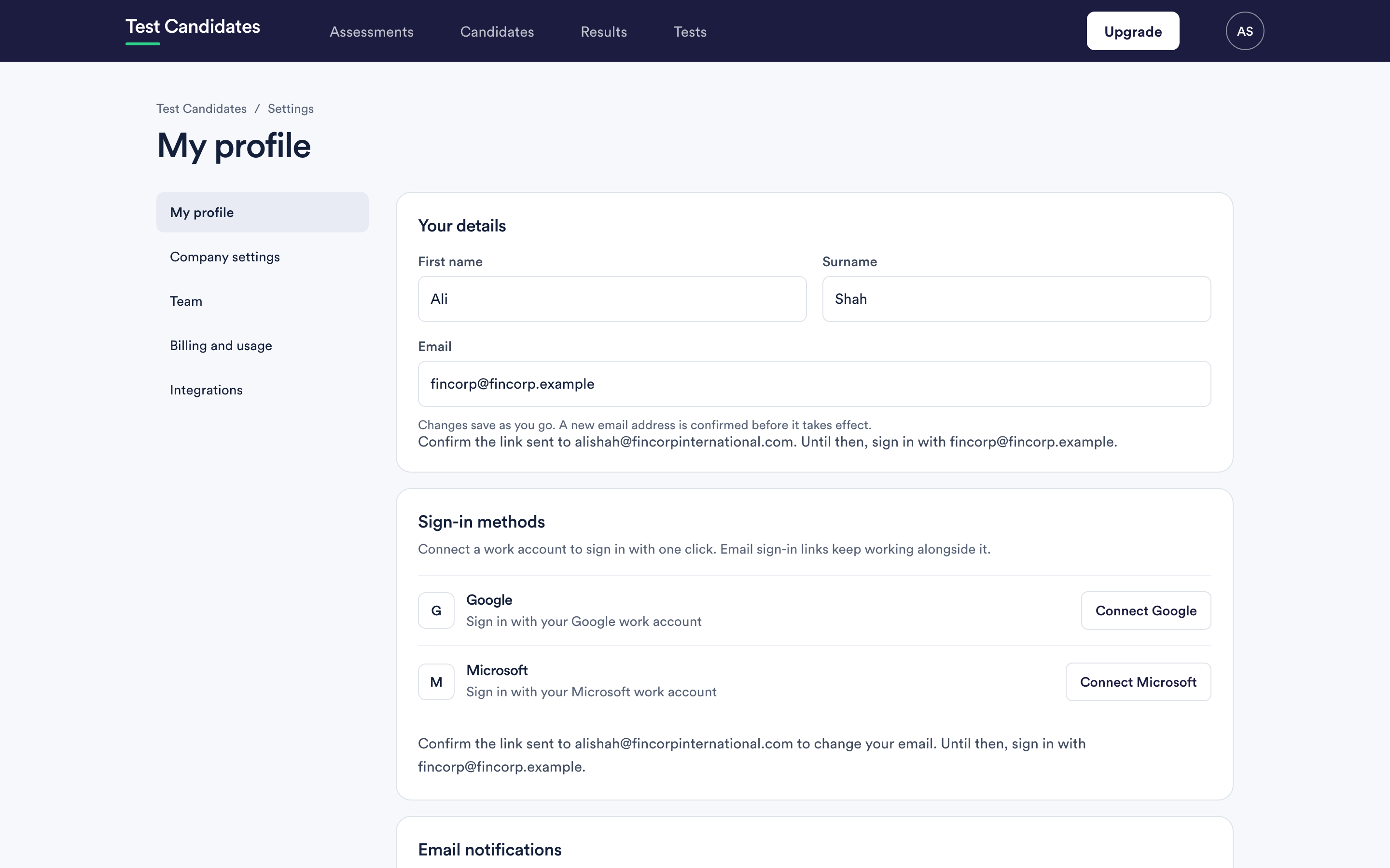 The sign-in methods panel under My profile, offering Connect Google and Connect Microsoft.
