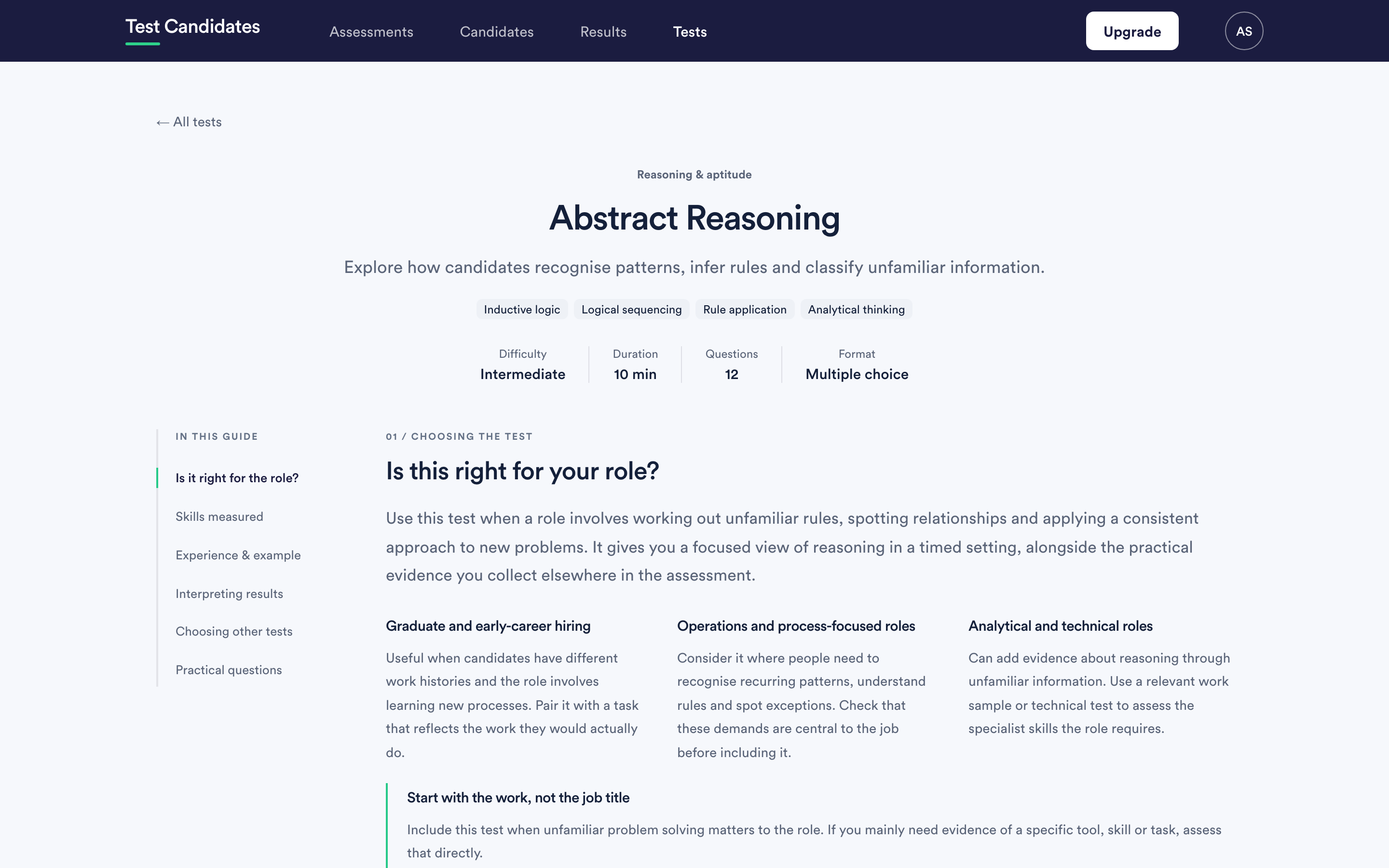 A test guide page, with the test's metadata and a contents list covering whether it suits the role, the skills measured, an example, interpreting results and choosing other tests.