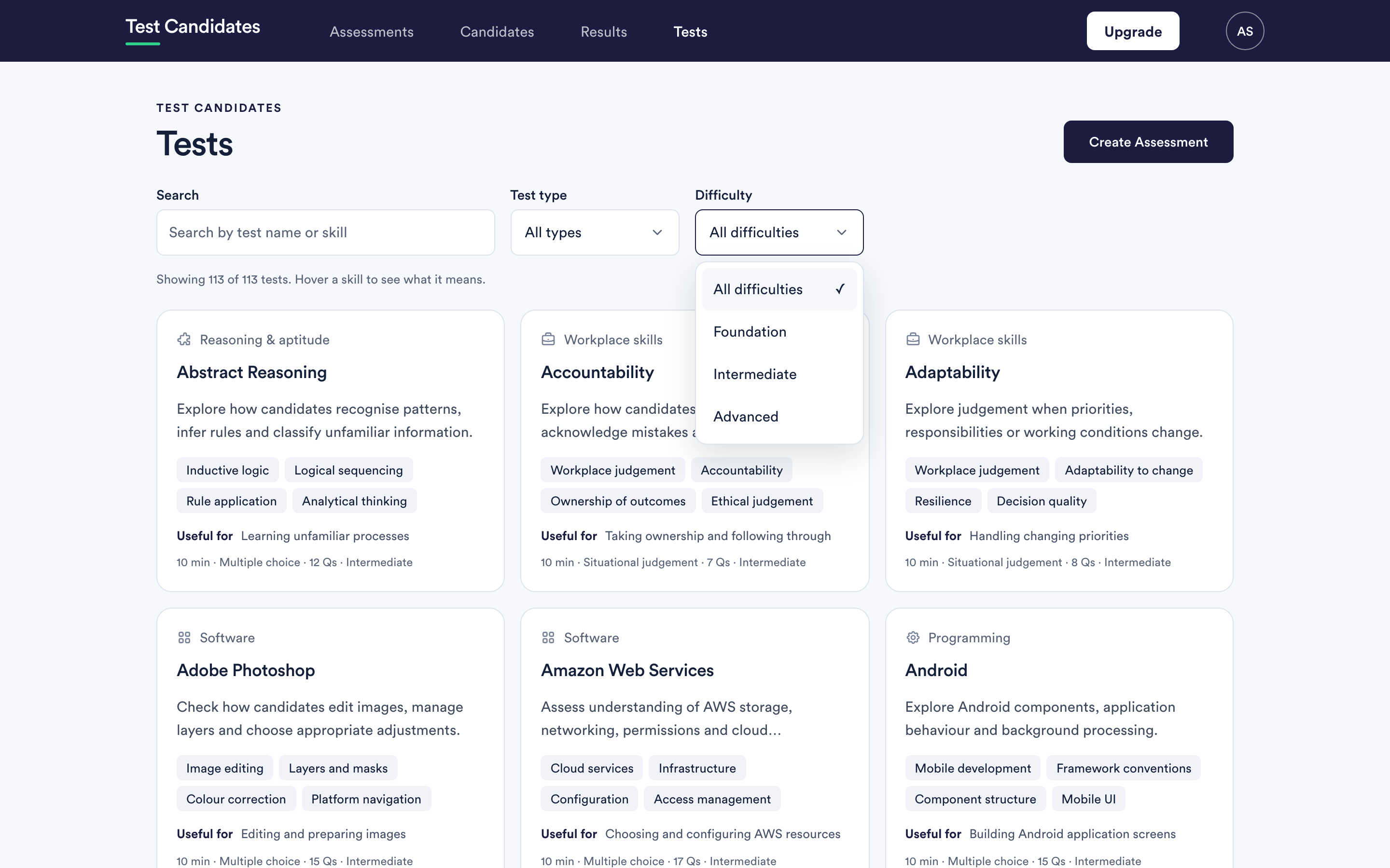 The library with the difficulty filter open, showing all difficulties, Foundation, Intermediate and Advanced.